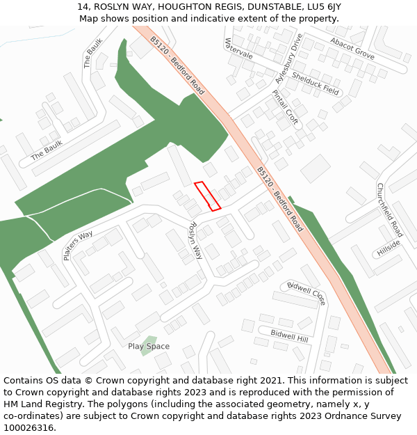 14, ROSLYN WAY, HOUGHTON REGIS, DUNSTABLE, LU5 6JY: Location map and indicative extent of plot