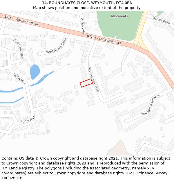 14, ROUNDHAYES CLOSE, WEYMOUTH, DT4 0RN: Location map and indicative extent of plot