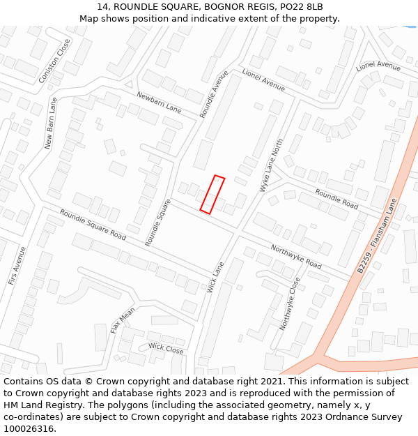 14, ROUNDLE SQUARE, BOGNOR REGIS, PO22 8LB: Location map and indicative extent of plot