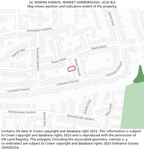 14, ROWAN AVENUE, MARKET HARBOROUGH, LE16 9LS: Location map and indicative extent of plot