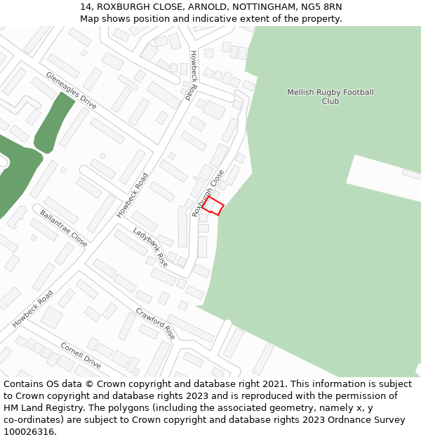 14, ROXBURGH CLOSE, ARNOLD, NOTTINGHAM, NG5 8RN: Location map and indicative extent of plot