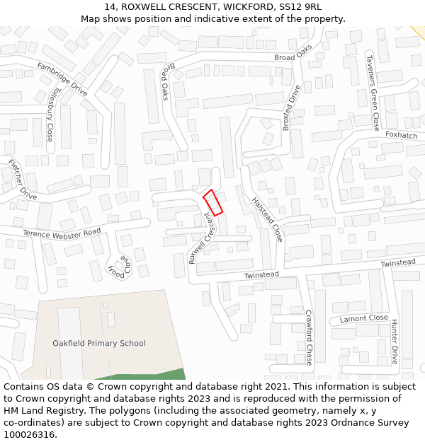 14, ROXWELL CRESCENT, WICKFORD, SS12 9RL: Location map and indicative extent of plot