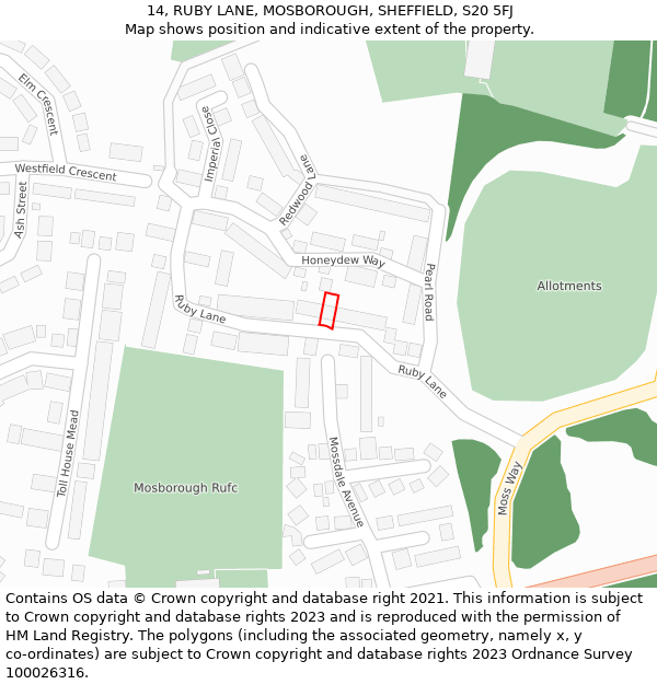 14, RUBY LANE, MOSBOROUGH, SHEFFIELD, S20 5FJ: Location map and indicative extent of plot