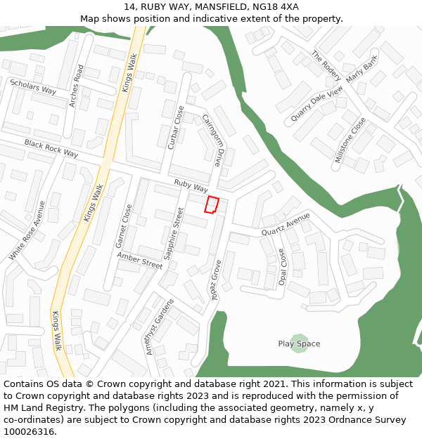 14, RUBY WAY, MANSFIELD, NG18 4XA: Location map and indicative extent of plot