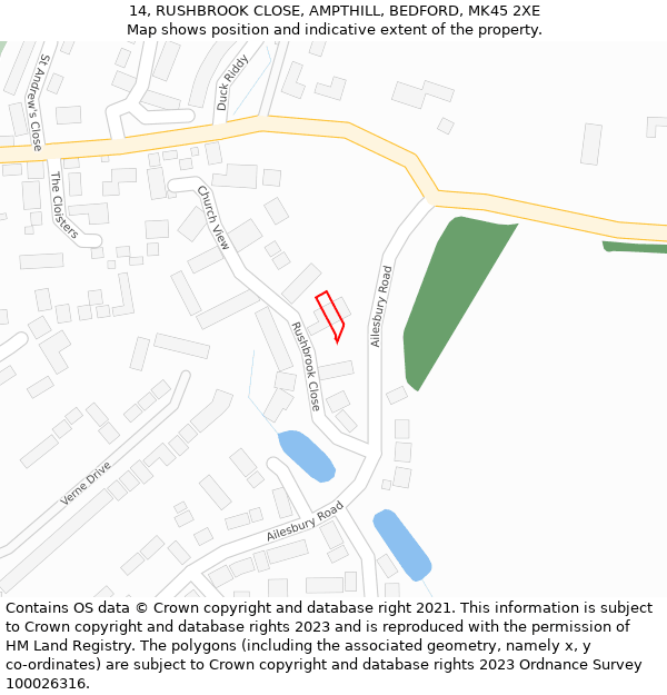 14, RUSHBROOK CLOSE, AMPTHILL, BEDFORD, MK45 2XE: Location map and indicative extent of plot