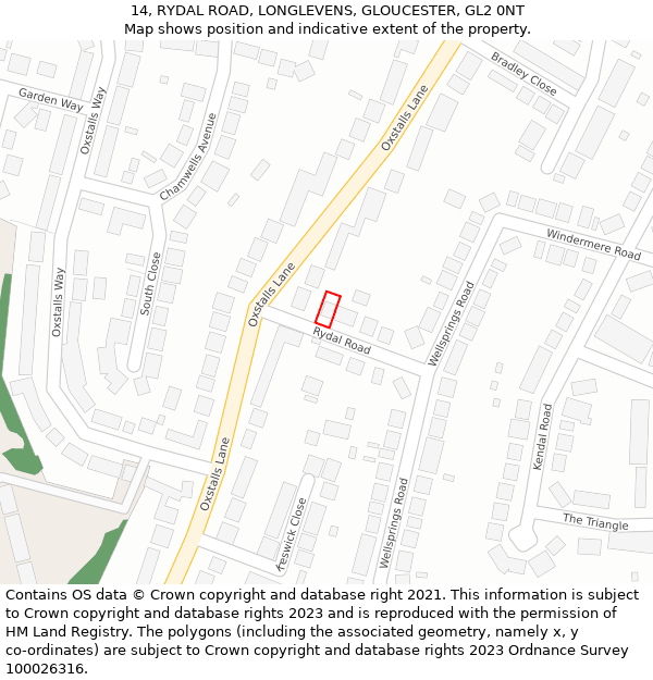 14, RYDAL ROAD, LONGLEVENS, GLOUCESTER, GL2 0NT: Location map and indicative extent of plot