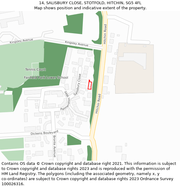 14, SALISBURY CLOSE, STOTFOLD, HITCHIN, SG5 4FL: Location map and indicative extent of plot