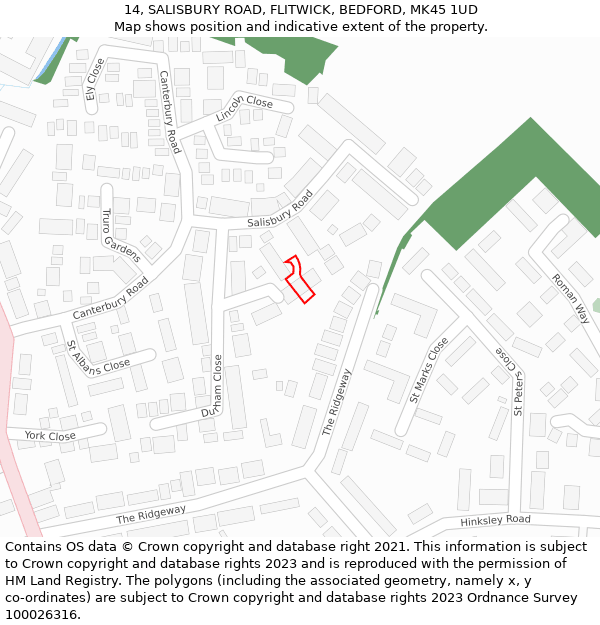 14, SALISBURY ROAD, FLITWICK, BEDFORD, MK45 1UD: Location map and indicative extent of plot