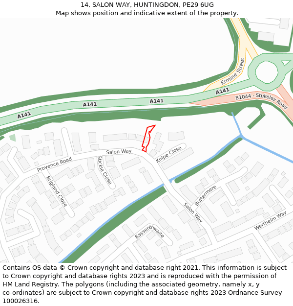 14, SALON WAY, HUNTINGDON, PE29 6UG: Location map and indicative extent of plot