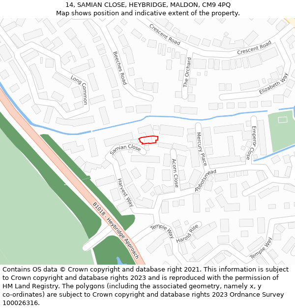 14, SAMIAN CLOSE, HEYBRIDGE, MALDON, CM9 4PQ: Location map and indicative extent of plot