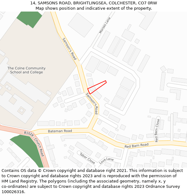 14, SAMSONS ROAD, BRIGHTLINGSEA, COLCHESTER, CO7 0RW: Location map and indicative extent of plot