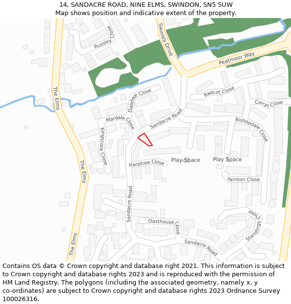 14, SANDACRE ROAD, NINE ELMS, SWINDON, SN5 5UW: Location map and indicative extent of plot