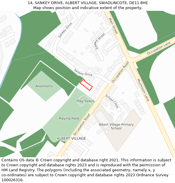 14, SANKEY DRIVE, ALBERT VILLAGE, SWADLINCOTE, DE11 8HE: Location map and indicative extent of plot