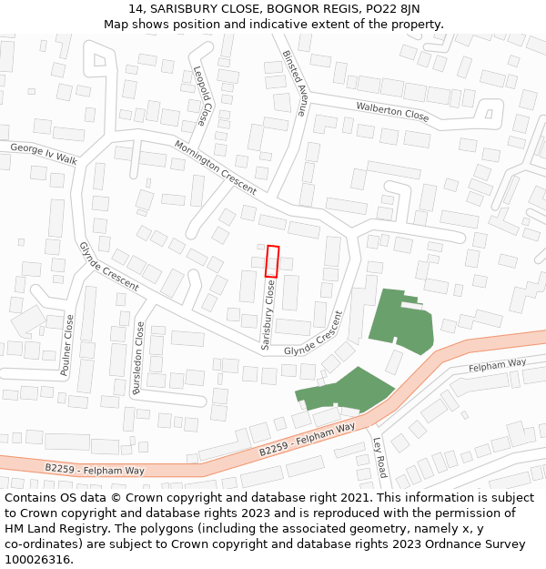 14, SARISBURY CLOSE, BOGNOR REGIS, PO22 8JN: Location map and indicative extent of plot