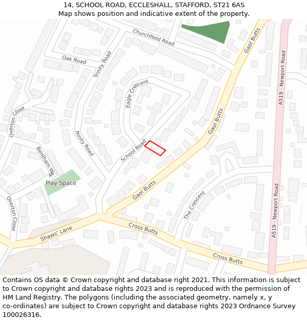 14, SCHOOL ROAD, ECCLESHALL, STAFFORD, ST21 6AS: Location map and indicative extent of plot