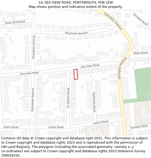 14, SEA VIEW ROAD, PORTSMOUTH, PO6 1EW: Location map and indicative extent of plot