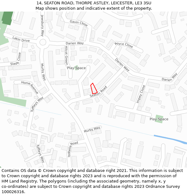 14, SEATON ROAD, THORPE ASTLEY, LEICESTER, LE3 3SU: Location map and indicative extent of plot