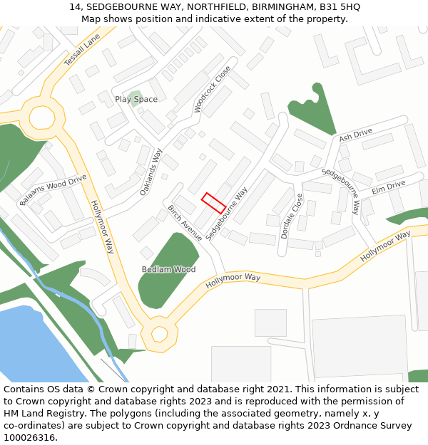 14, SEDGEBOURNE WAY, NORTHFIELD, BIRMINGHAM, B31 5HQ: Location map and indicative extent of plot