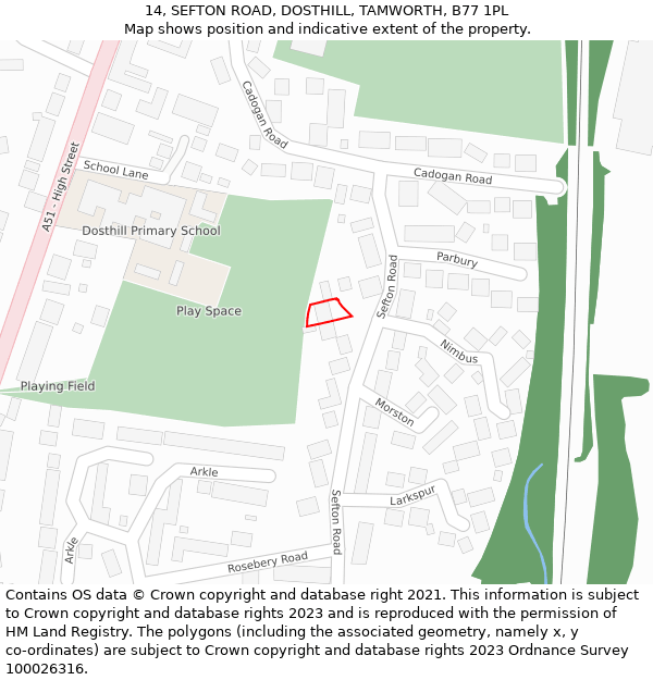 14, SEFTON ROAD, DOSTHILL, TAMWORTH, B77 1PL: Location map and indicative extent of plot