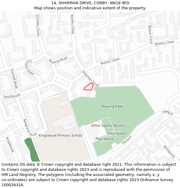 14, SHARMAN DRIVE, CORBY, NN18 9FD: Location map and indicative extent of plot