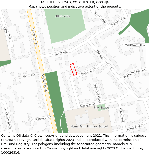 14, SHELLEY ROAD, COLCHESTER, CO3 4JN: Location map and indicative extent of plot