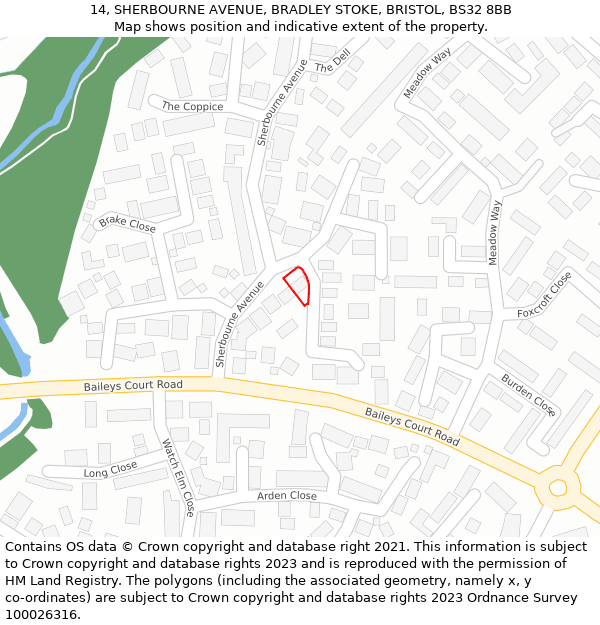 14, SHERBOURNE AVENUE, BRADLEY STOKE, BRISTOL, BS32 8BB: Location map and indicative extent of plot