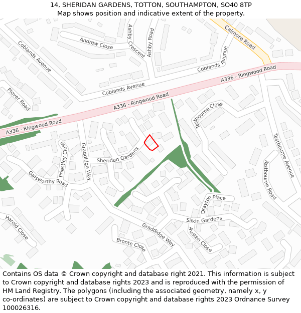 14, SHERIDAN GARDENS, TOTTON, SOUTHAMPTON, SO40 8TP: Location map and indicative extent of plot