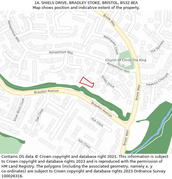 14, SHIELS DRIVE, BRADLEY STOKE, BRISTOL, BS32 8EA: Location map and indicative extent of plot