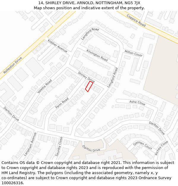 14, SHIRLEY DRIVE, ARNOLD, NOTTINGHAM, NG5 7JX: Location map and indicative extent of plot