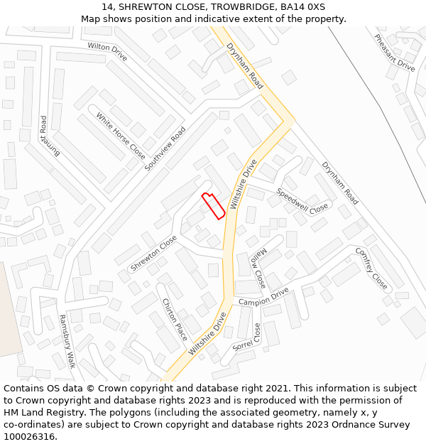 14, SHREWTON CLOSE, TROWBRIDGE, BA14 0XS: Location map and indicative extent of plot