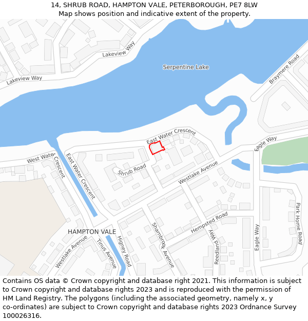 14, SHRUB ROAD, HAMPTON VALE, PETERBOROUGH, PE7 8LW: Location map and indicative extent of plot
