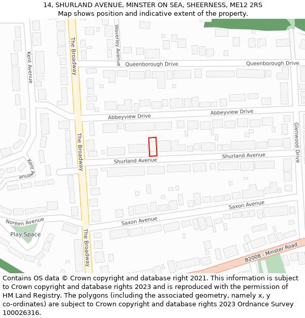 14, SHURLAND AVENUE, MINSTER ON SEA, SHEERNESS, ME12 2RS: Location map and indicative extent of plot