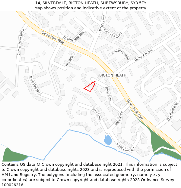 14, SILVERDALE, BICTON HEATH, SHREWSBURY, SY3 5EY: Location map and indicative extent of plot