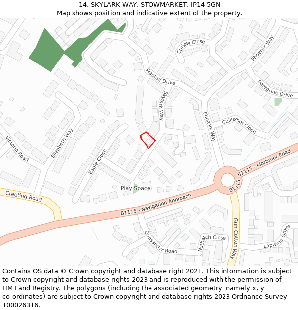 14, SKYLARK WAY, STOWMARKET, IP14 5GN: Location map and indicative extent of plot