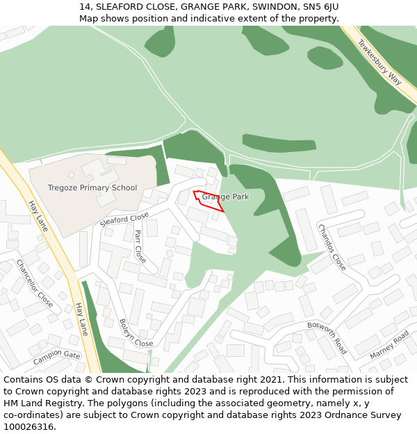 14, SLEAFORD CLOSE, GRANGE PARK, SWINDON, SN5 6JU: Location map and indicative extent of plot
