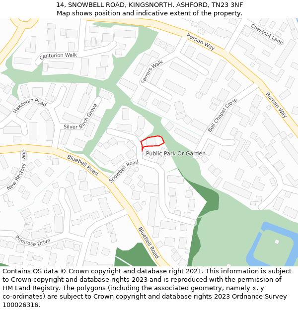 14, SNOWBELL ROAD, KINGSNORTH, ASHFORD, TN23 3NF: Location map and indicative extent of plot