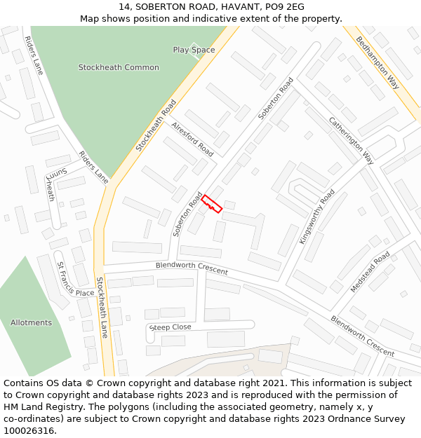 14, SOBERTON ROAD, HAVANT, PO9 2EG: Location map and indicative extent of plot