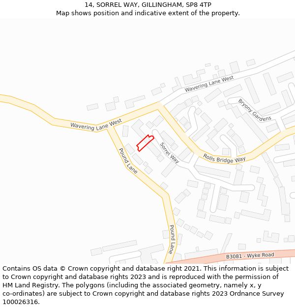 14, SORREL WAY, GILLINGHAM, SP8 4TP: Location map and indicative extent of plot