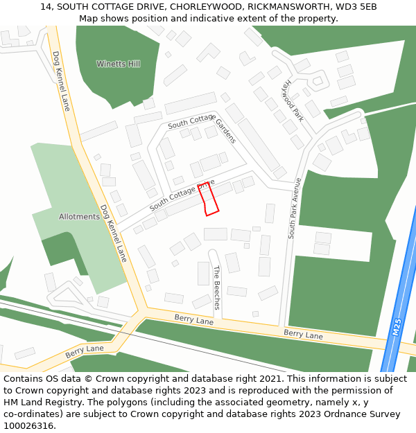 14, SOUTH COTTAGE DRIVE, CHORLEYWOOD, RICKMANSWORTH, WD3 5EB: Location map and indicative extent of plot