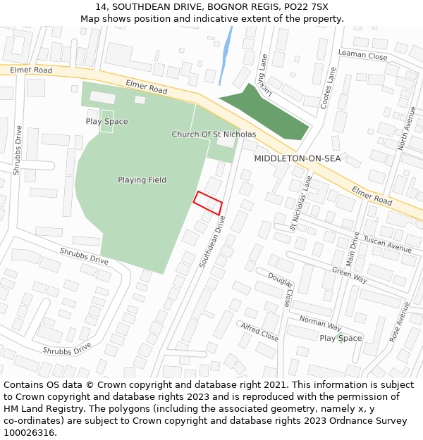 14, SOUTHDEAN DRIVE, BOGNOR REGIS, PO22 7SX: Location map and indicative extent of plot