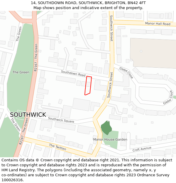 14, SOUTHDOWN ROAD, SOUTHWICK, BRIGHTON, BN42 4FT: Location map and indicative extent of plot