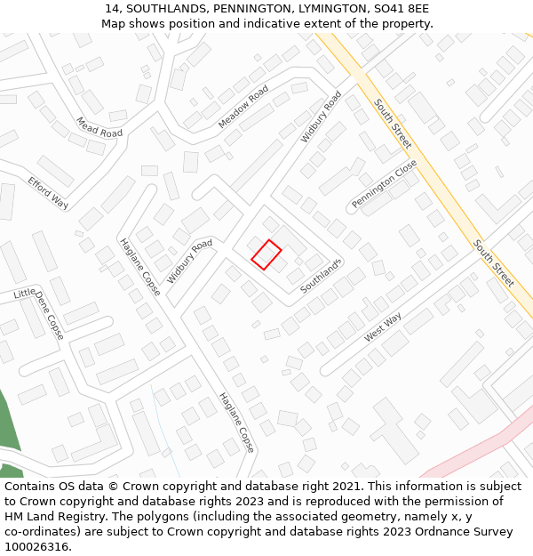 14, SOUTHLANDS, PENNINGTON, LYMINGTON, SO41 8EE: Location map and indicative extent of plot