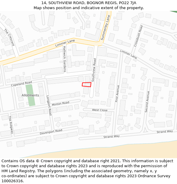 14, SOUTHVIEW ROAD, BOGNOR REGIS, PO22 7JA: Location map and indicative extent of plot