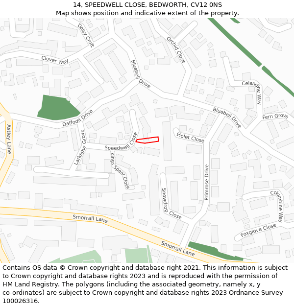 14, SPEEDWELL CLOSE, BEDWORTH, CV12 0NS: Location map and indicative extent of plot