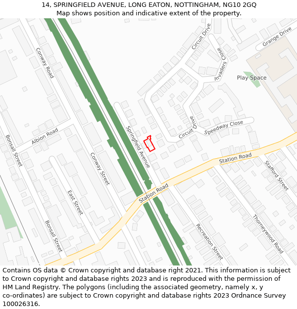 14, SPRINGFIELD AVENUE, LONG EATON, NOTTINGHAM, NG10 2GQ: Location map and indicative extent of plot