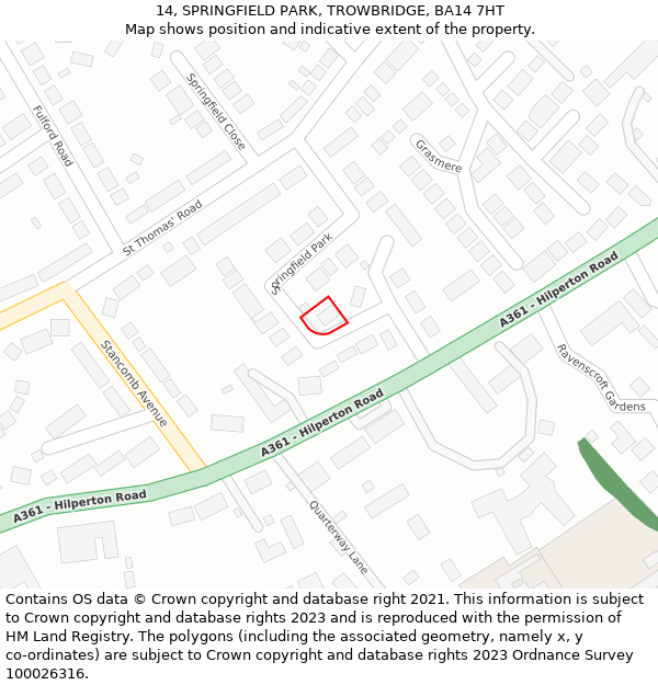 14, SPRINGFIELD PARK, TROWBRIDGE, BA14 7HT: Location map and indicative extent of plot