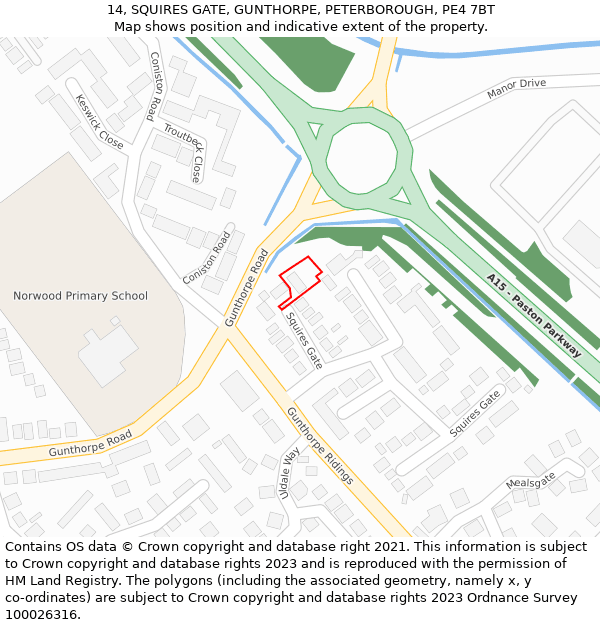 14, SQUIRES GATE, GUNTHORPE, PETERBOROUGH, PE4 7BT: Location map and indicative extent of plot