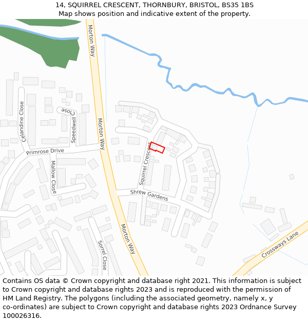 14, SQUIRREL CRESCENT, THORNBURY, BRISTOL, BS35 1BS: Location map and indicative extent of plot