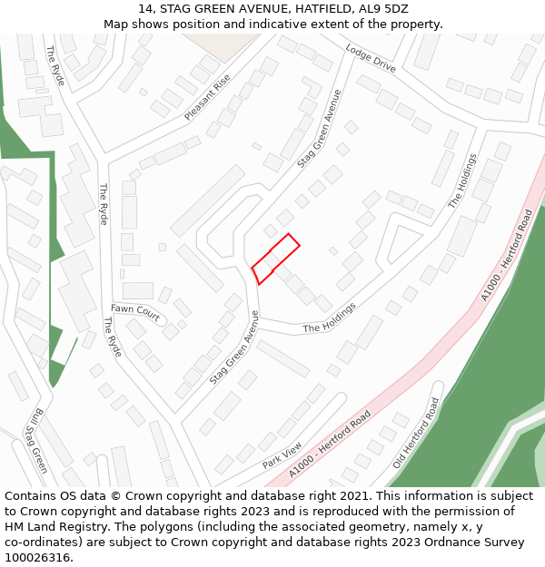 14, STAG GREEN AVENUE, HATFIELD, AL9 5DZ: Location map and indicative extent of plot