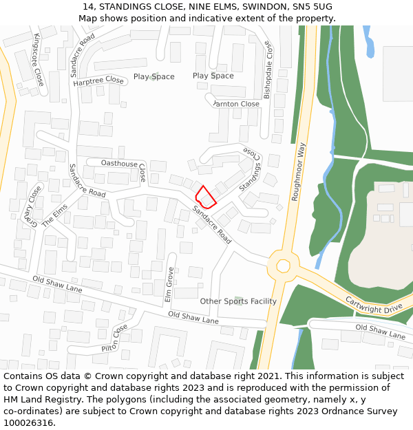 14, STANDINGS CLOSE, NINE ELMS, SWINDON, SN5 5UG: Location map and indicative extent of plot